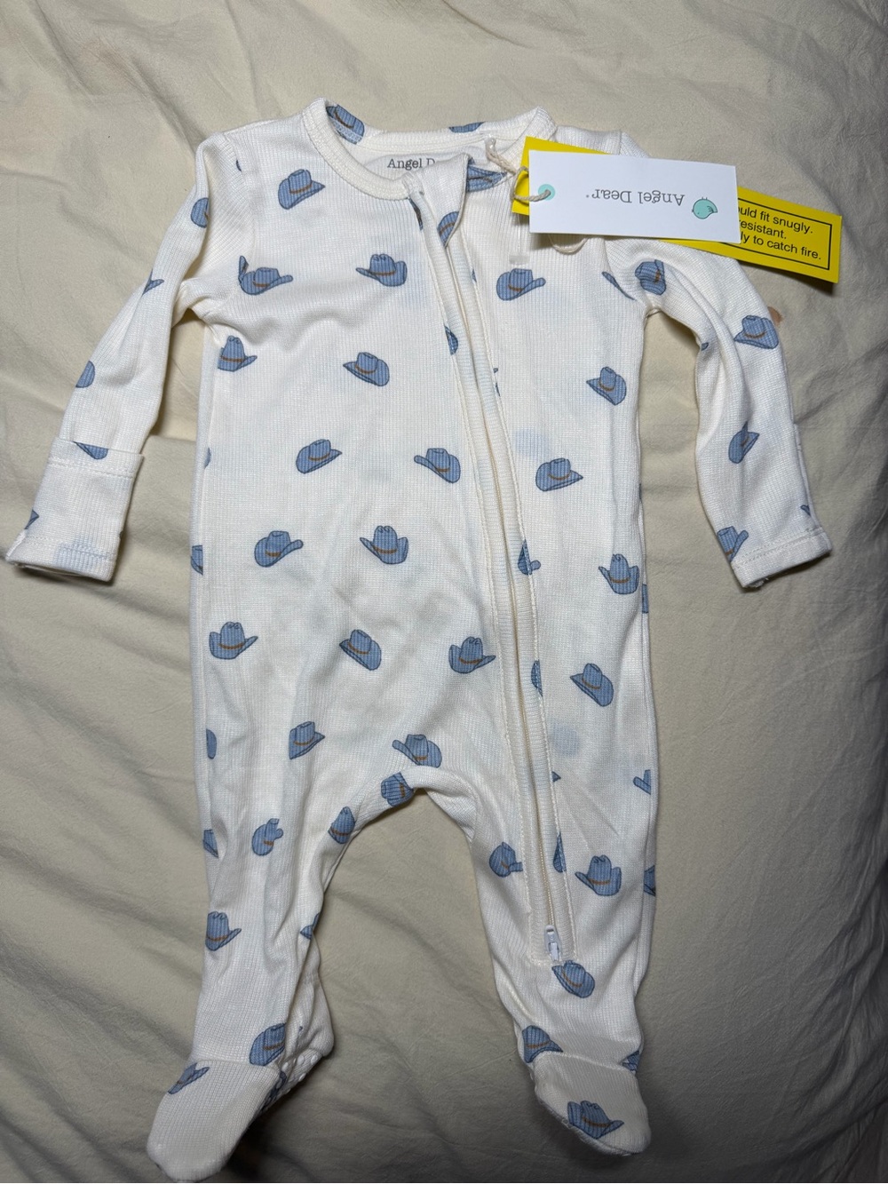 Angel Dear Cream Baby One-Piece Footed Zipper Romper with Blue cowboy hat Print